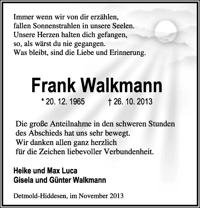  Traueranzeige für Frank Walkmann vom 16.11.2013 aus Lippische Landes-Zeitung