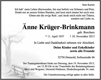 Anzeige  Änne Krüger-Brinkmann  Lippische Landes-Zeitung