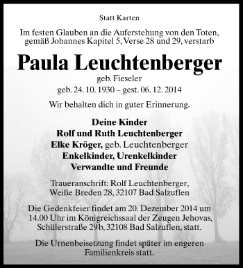 Anzeige  Paula Leuchtenberger  Lippische Landes-Zeitung