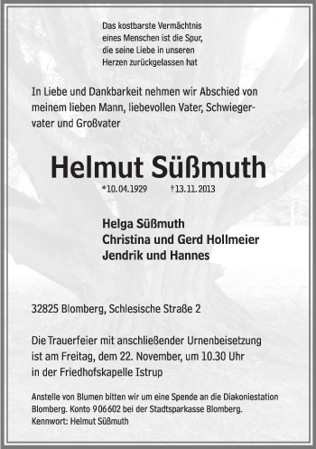 Anzeige  Helmut Süßmuth  Lippische Landes-Zeitung