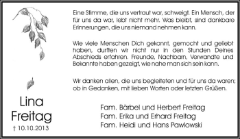 Anzeige  Lina Freitag  Lippische Landes-Zeitung