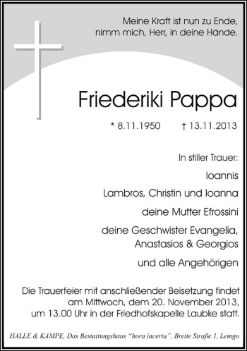 Anzeige  Friederiki Pappa  Lippische Landes-Zeitung