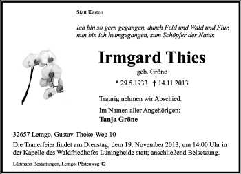 Anzeige  Irmgard Thies  Lippische Landes-Zeitung