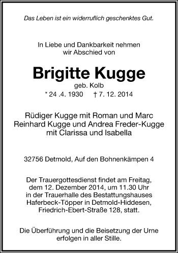 Anzeige  Brigitte Kugge  Lippische Landes-Zeitung