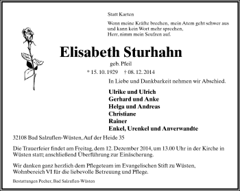 Anzeige  Elisabeth Sturhahn  Lippische Landes-Zeitung
