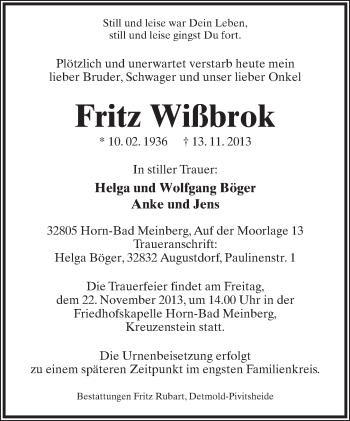 Anzeige  Fritz Wißbrok  Lippische Landes-Zeitung