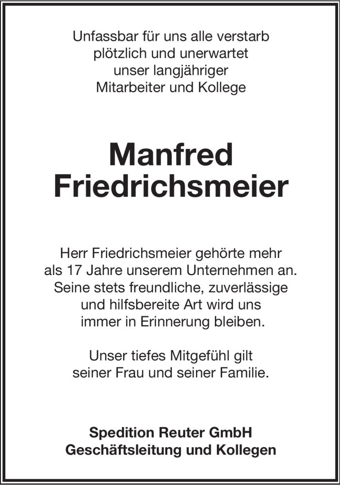  Traueranzeige für Manfred Friedrichsmeier vom 20.10.2012 aus Lippische Landes-Zeitung