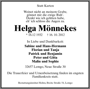 Anzeige  Helga Mönnekes  Lippische Landes-Zeitung