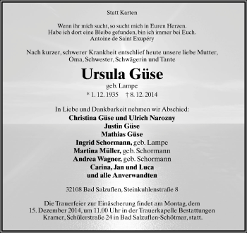 Anzeige  Ursula Güse  Lippische Landes-Zeitung