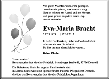 Anzeige  Eva-Maria Bracht  Lippische Landes-Zeitung