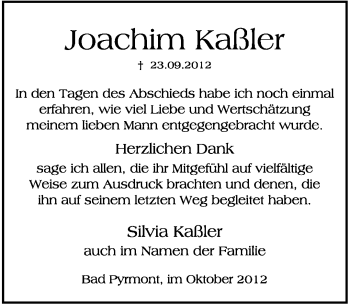 Anzeige  Joachim Kaßler  Lippische Landes-Zeitung
