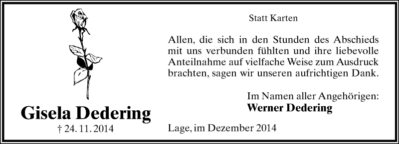  Traueranzeige für Gisela Dedering vom 13.12.2014 aus Lippische Landes-Zeitung