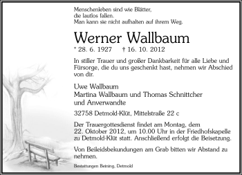 Anzeige  Werner Wallbaum  Lippische Landes-Zeitung