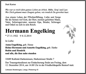Anzeige  Hermann Engelking  Lippische Landes-Zeitung