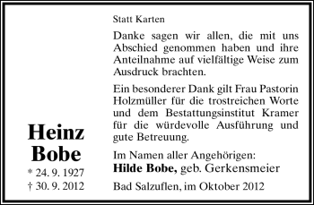 Anzeige  Heinz Bobe  Lippische Landes-Zeitung