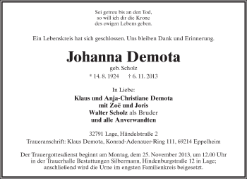 Anzeige  Johanna Demota  Lippische Landes-Zeitung