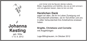 Anzeige  Johanna Kesting  Lippische Landes-Zeitung