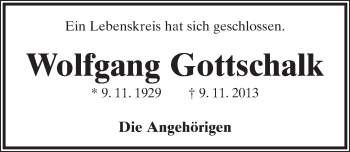 Anzeige  Wolfgang Gottschalk  Lippische Landes-Zeitung