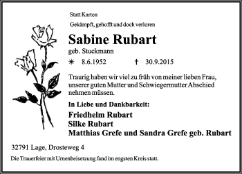 Anzeige  Sabine Rubart  Lippische Landes-Zeitung