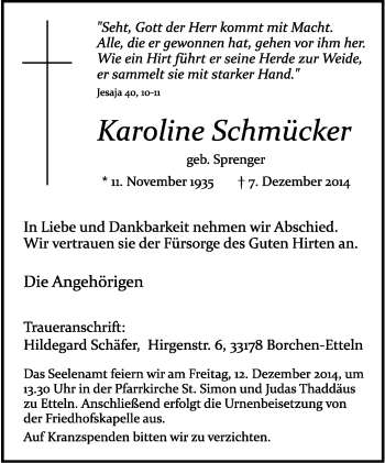 Anzeige  Karoline Schmücker  Lippische Landes-Zeitung