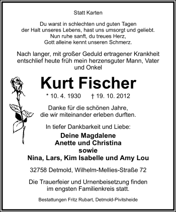 Anzeige  Kurt Fischer  Lippische Landes-Zeitung