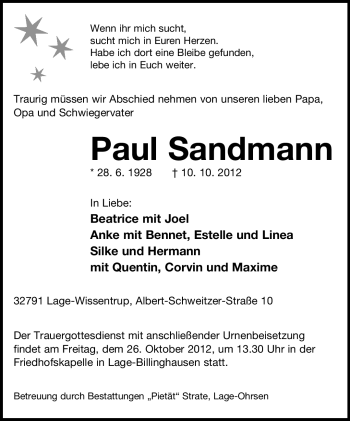 Anzeige  Paul Sandmann  Lippische Landes-Zeitung