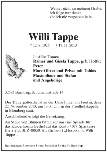 Anzeige  Willi Tappe  Lippische Landes-Zeitung