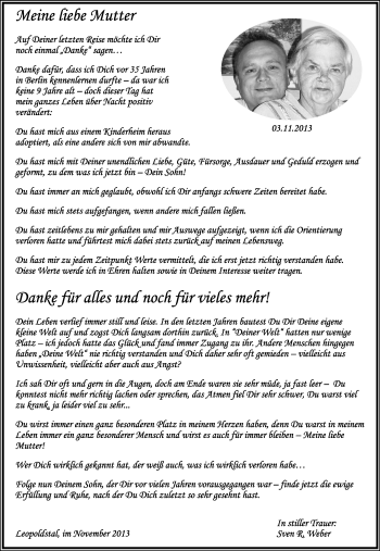 Anzeige  Theresia Weber  Lippische Landes-Zeitung