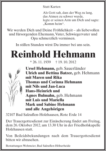 Anzeige  Reinhold Hehmann  Lippische Landes-Zeitung