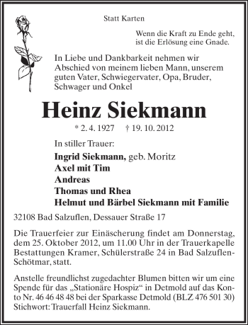 Anzeige  Heinz Siekmann  Lippische Landes-Zeitung