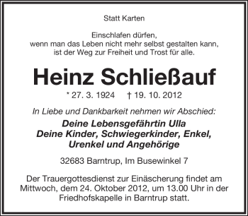 Anzeige  Heinz Schließauf  Lippische Landes-Zeitung