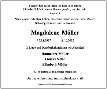 Anzeige  Magdalene Möller  Lippische Landes-Zeitung