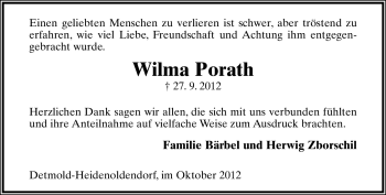 Anzeige  Wilma Porath  Lippische Landes-Zeitung