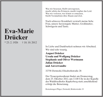 Anzeige  Eva-Marie Drücker  Lippische Landes-Zeitung