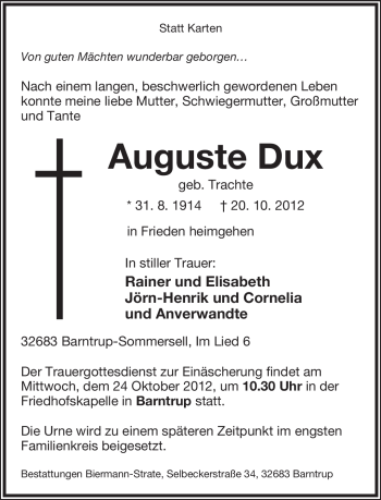 Anzeige  Auguste Dux  Lippische Landes-Zeitung