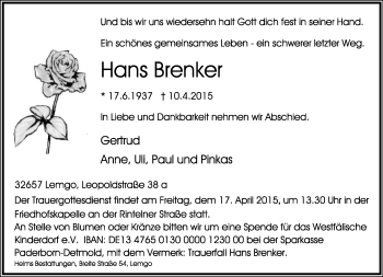 Anzeige  Hans Brenker  Lippische Landes-Zeitung