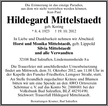 Anzeige  Hildegard Mittelstaedt  Lippische Landes-Zeitung