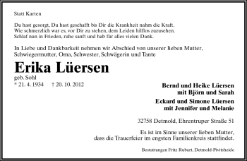 Anzeige  Erika Lüersen  Lippische Landes-Zeitung