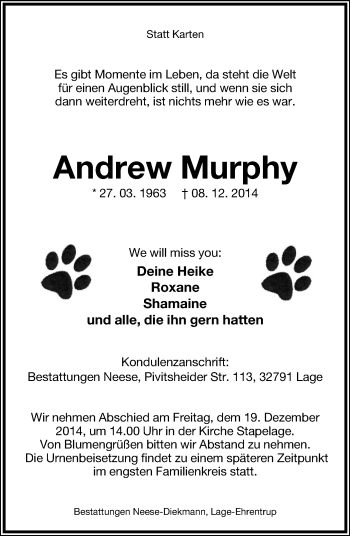 Anzeige  Andrew Murphy  Lippische Landes-Zeitung