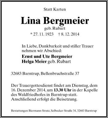 Anzeige  Lina Bergmeier  Lippische Landes-Zeitung