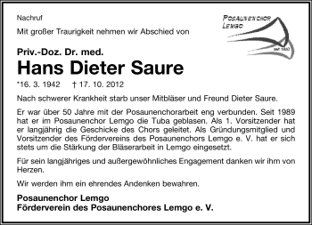 Anzeige  Hans Dieter Saure  Lippische Landes-Zeitung