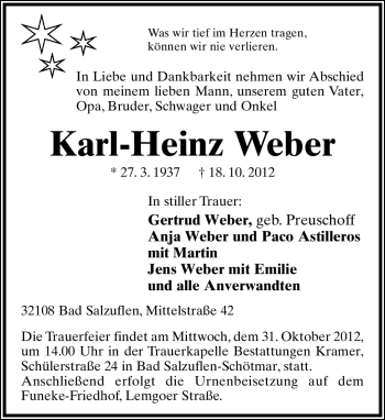 Anzeige  Karl-Heinz  Weber  Lippische Landes-Zeitung