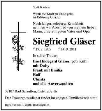 Anzeige  Siegfried Gläser  Lippische Landes-Zeitung