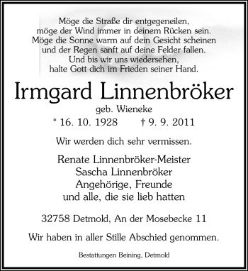 Anzeige  Irmgard Linnenbröker  Lippische Landes-Zeitung
