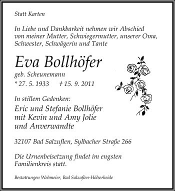 Anzeige  Eva Bollhöfer  Lippische Landes-Zeitung