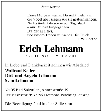 Anzeige  Erich Lehmann  Lippische Landes-Zeitung