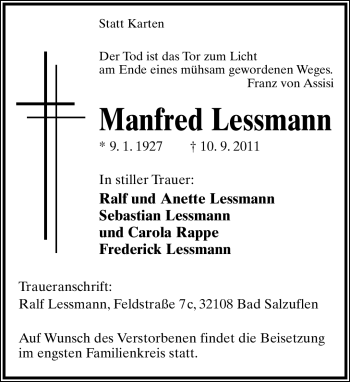 Anzeige  Manfred Lessman  Lippische Landes-Zeitung
