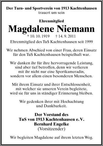 Anzeige  Magdalene Niemann  Lippische Landes-Zeitung