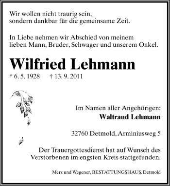 Anzeige  Wilfried Lehmann  Lippische Landes-Zeitung