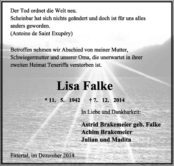 Anzeige  Lisa Falke  Lippische Landes-Zeitung